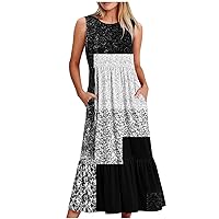 Today Deals 2024 Women Loose Long Tank Dress Summer Sleeveless Sundress Geometry Print Crewneck Maxi Dresses Flowy Midi Dress Swim Suit Cover Up Gray
