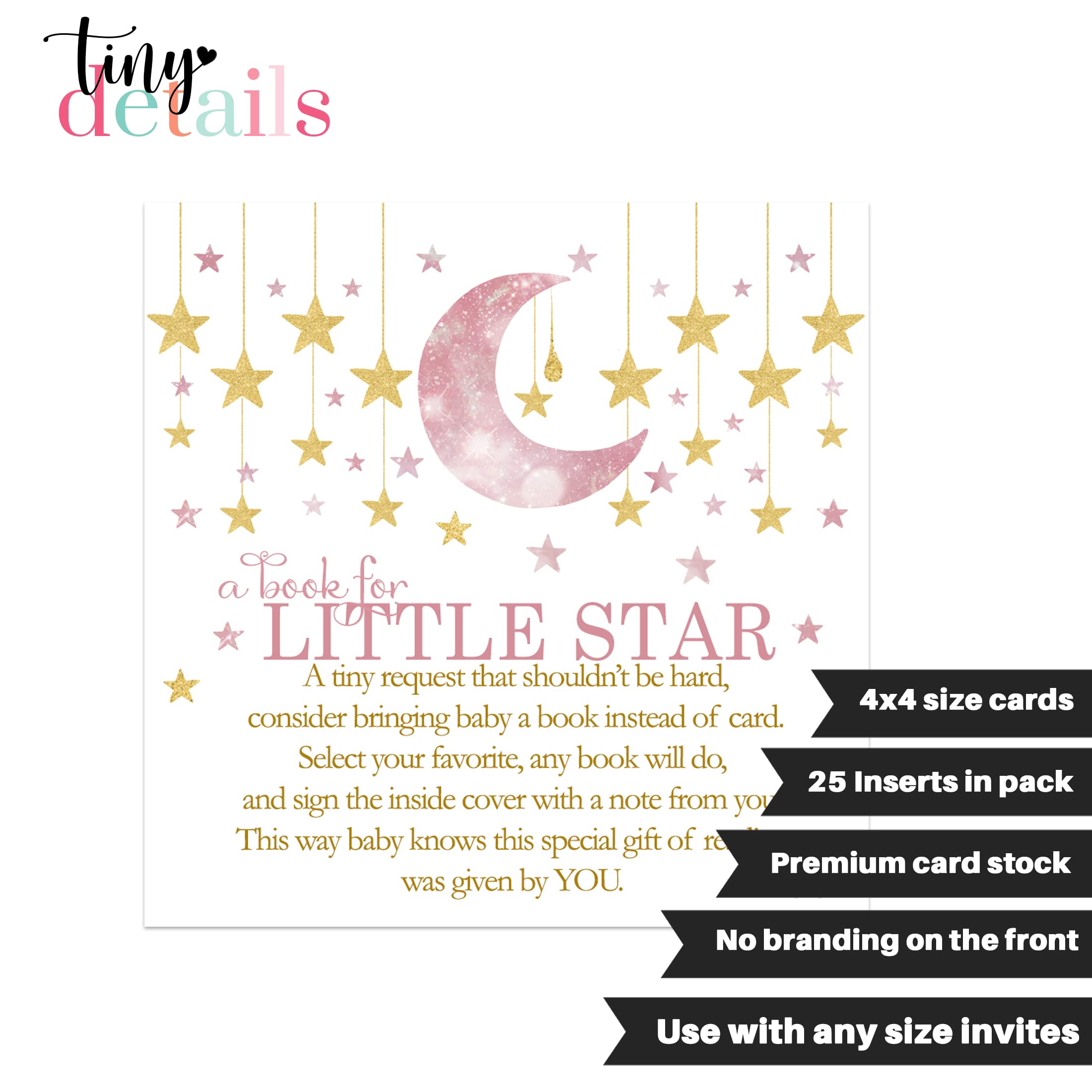 Paper Clever Party Twinkle Little Star Baby Shower Book Request Cards (25 Pack) Invitation Inserts Girls - Pink and Gold Moon