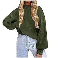 Cyber Fall Monday Deals 2024 Lantern Sleeve Ribbed Sweater Women Solid Jumper Tops Mock Neck Knitted Pullover Trendy Loose Sweaters Shirts Suéteres para Mujer Nueva Army Green