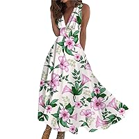 Dresses for Women 2024,Women's Long Maxi Dress Floral Print Summer Casual Sleeveless V Neck Boho Waist Retro Dress