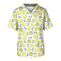 Men's Plus Size Cute Printed Scrub Working Uniform Tops V-Neck Short Sleeve Shirts with Double Pockets