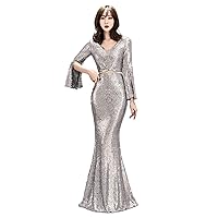 Women's Sexy V Neck Long Sleeves Mermaid Sequins Long Formal Evening Prom Homecoming Party Cocktail Dresses Gown