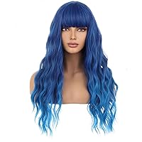 Blue Wig for Women Long Curly Wavy Blue Wig With Bangs Mixed Blue Wig Heat Resistant Synthetic Wig with Wig Cap (Mix Blue)