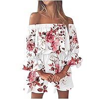 Ladies Casual Sexy One Shoulder Mid Waist Printed Ruffle Sleeve A-Line Dress