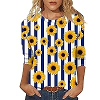 Fashion Summer Tops for Women 3/4 Length Sleeve Crew-Neck T Shirts Flower Printing Loose Casual Blouses