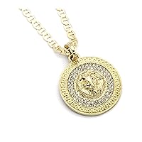 Lion Chain Lion Pendant for men Lion Necklace Medallion Pattern 14k Gold Tone Pendant on 24