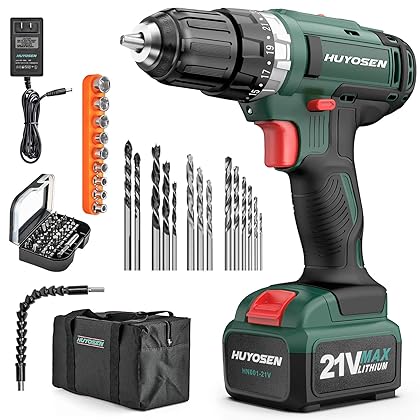 HUYOSEN Cordless Drill Driver, 21V Professional Impact Drill, 46N.M Torque- 3/8''Auto Chuck, 23+1 Clutch, 57 Pcs Accessorie, Built-in LED Power Drill Drivers Set for Drilling Wall Wood Metal DIYs