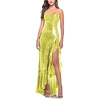 Mermaid Sequin Prom Dresses with Ruffle Slit Sparkly Spaghetti Straps Open Back Long Evening Formal Dress