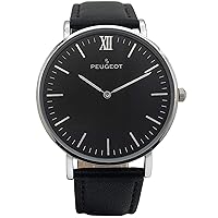 Peugeot Men's 40mm Ultra Slim Watch, Silver with Black Face Round Minimalist Wrist Watch for Men, Easy to Read Dial and Genuine Leather Band