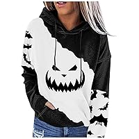 Plus Size Halloween Hoodie For Women Casual Long Sleeve Color Block Pumpkin Face Print Sweatshirts Pocket Pullover