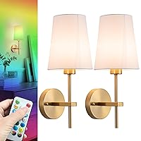 Battery Operated Wall Sconce Set of 2, Wireless Dimmable Battery Powered Wall Lamp with Remote Control,battery Wall Light with White Fabric Shade for Bedroom,Easy To Install,3 Color Temp Bulb Included