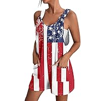Rompers For Women,Overall Shorts For Women 4Th Of July Stripe Usa Flag Bib Summer Jumpsuits Sleeveless Suspender Romper With Pockets American Flag Overalls Women