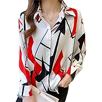 Women's Plus Size Long Sleeve Colorblock Button Up Chiffon Sexy Geometric Pattern V Neck Blouse Shirt Tops