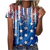 Womens American Flag Star T-Shirt Cute July 4th Independence Day Tops Summer Casual Short Sleeve Crewneck Blouse