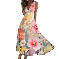 Dresses for Women 2024 Casual,Women's Long Casual Summer Sleeveless V-Neck Waist Retraction Printed Dress