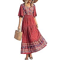 Women Summer Casual Maxi Dress Bohemian Floral V Neck Short Sleeve Ethnic Beach Flowy Sundress Long Swing Dress