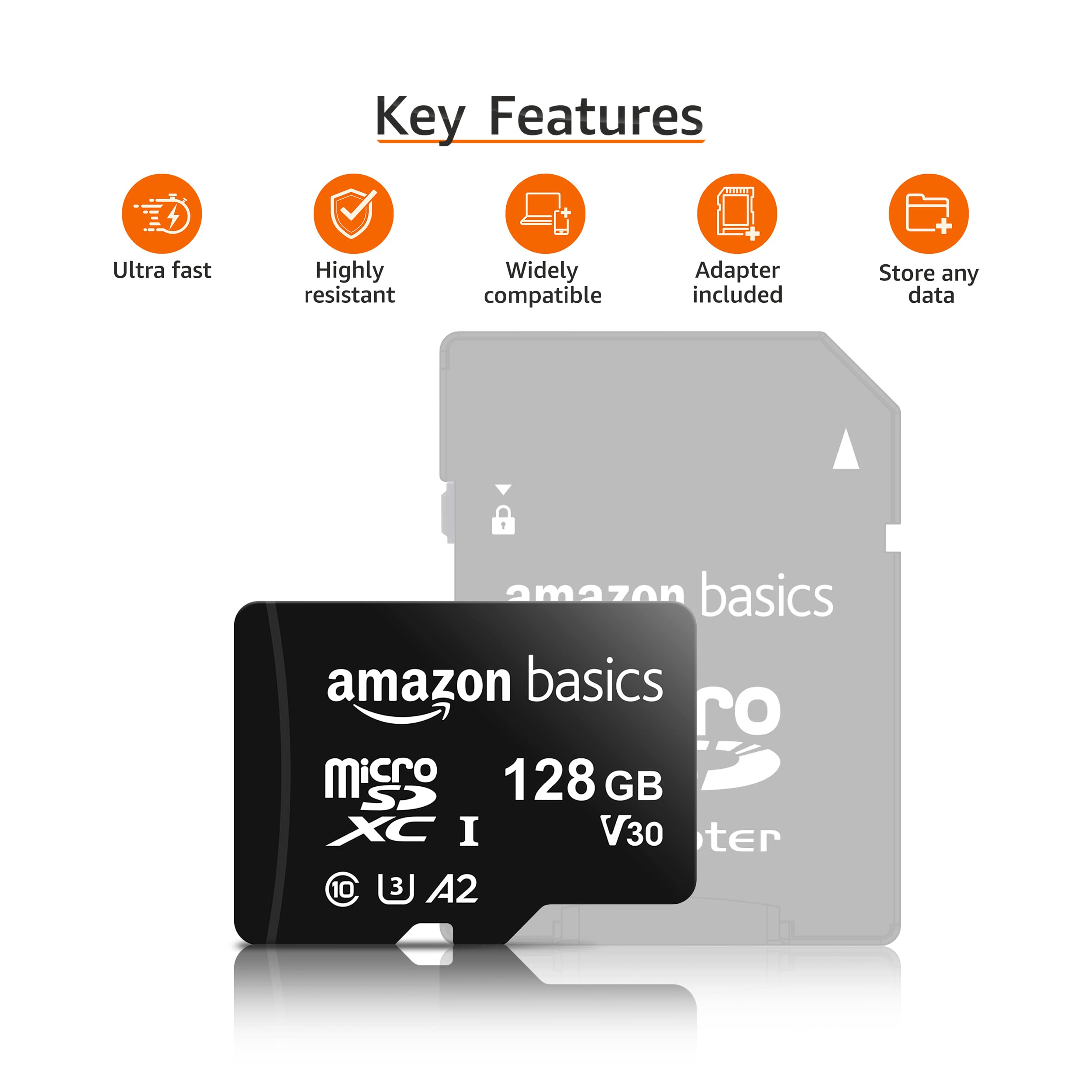 Amazon Basics microSDXC Memory Card with Full Size Adapter, A2, U3, Read Speed up to 100 MB/s, 128 GB, Black