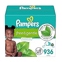 Pampers Free & Gentle 100% Plant-Based Fragrance Free Baby Wipes, 12 Flip-Top Packs (936 Wipes Total)