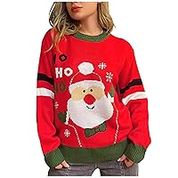 Women Christmas Sweater Long Sleeve Sweater Cute Snowmen with Red Hat Winter Fauna Reindeer Ertigo Inducing Pattern