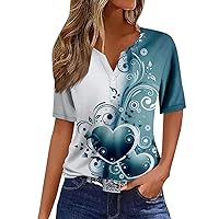 Women's T Shirt Tee Print Button Short Sleeve Daily Weekend Fashion Basic V- Neck Regular Top