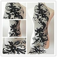 3D Beaded Flower Sequence lace Applique Motif Sewing Bridal Wedding 3in1 20cmx72cm (Black)