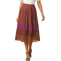 Allegra K Women's Summer Elastic Waist Color Block A-Line Pleated Chiffon Midi Skirt