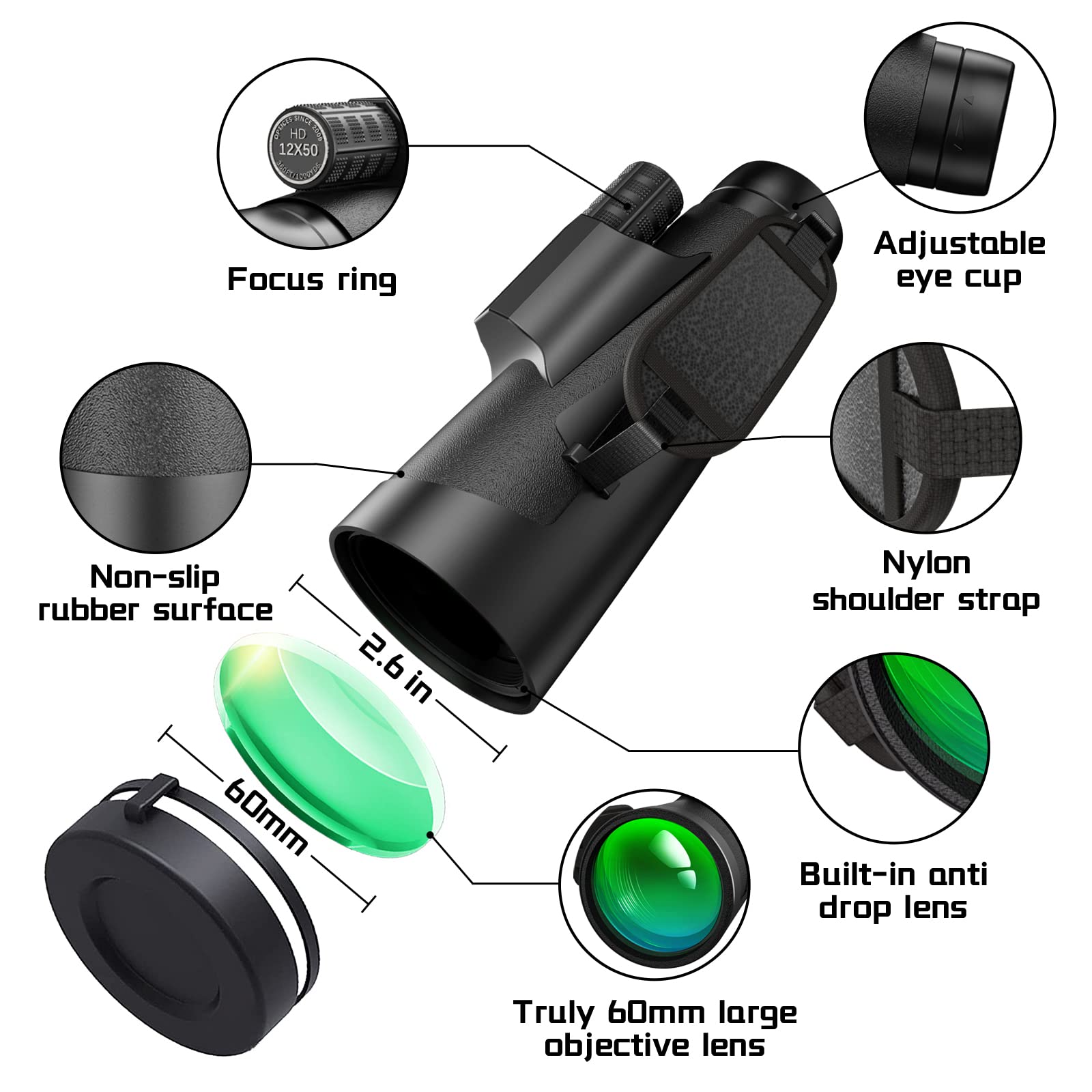 12X50 HD monocular Telescope, High Power monocular for Adults with Smartphone Adapter - Low Night Vision Lightweight monocular - Equipped BAK4 Prism for Stargazing Watching Bird Hunting Camping