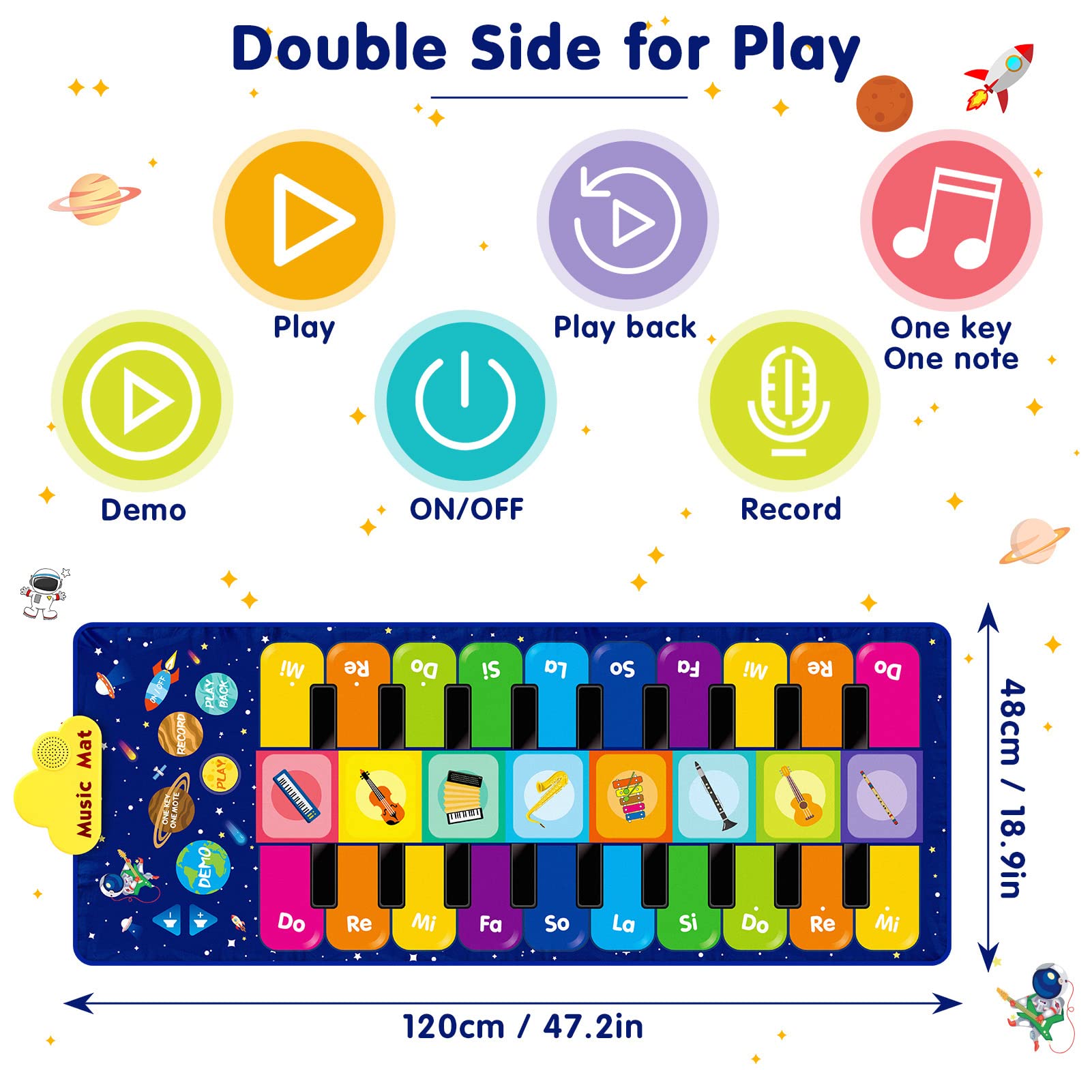 Piano Mat Music Toys with 20 Musical Keys, 10 Songs, 8 Instrument Sounds, Baby Dance Mat Piano Play Mat Portable Blanket Build-In Speaker & Recording Function for Kids Toddlers Girls Boys Ages 4-8