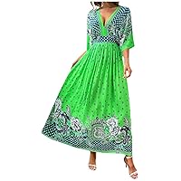 Women Deep V Neck Maxi Dress Ethnic Style Half Sleeve High Waist A-Line Dress Summer Floral Print Retro Beach Dress