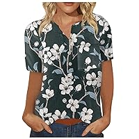 Womens Golf Shirt Short Sleeve Floral Printed Shirts O Neck Collared Button Down Shirt Hawaii Beach Tops with Pockets