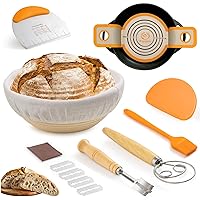Angadona Sourdough bread baking supplies, Large 10 Inch Round Banneton Bread Proofing Basket with Linen Liner, Silicone Bread Sling, Danish Dough Whisk, Bread Lame, Bowl & Dough Scraper Kit