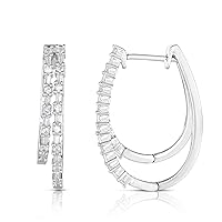 Natalia Drake Round Baguette Double Row 1/2 Cttw Diamond Hoop Earrings for Women in Rhodium Plated 925 Sterling Silver