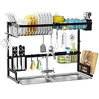 ADBIU Over The Sink Dish Drying Rack (Expandable Height and Length) Snap-On Design 2 Tier Large Dish Rack Stainless Steel (24 inch - 35.5 inch(l) x 12