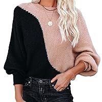 Womens Loose Color Block Knitted Sweater Long Sleeve Round Neck Ripped Pullover Top Fashion Casual Ribbing Jumper