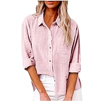 Warehouse Deals Cotton Linen Button Down Shirts for Women Long Sleeve Collared Work Blouse Trendy Loose Fit Summer Tops with Pocket