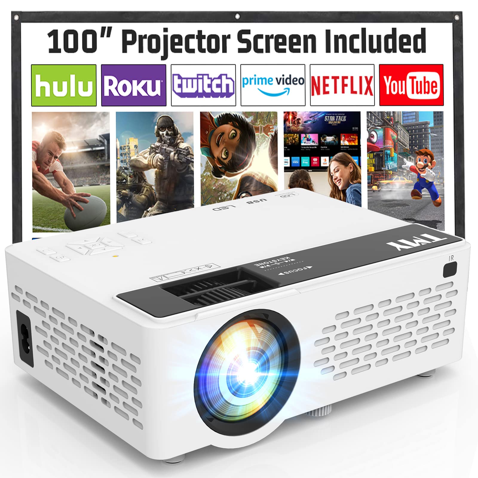 TMY Mini Projector, Upgraded 9500 Lumens Bluetooth Projector with 100