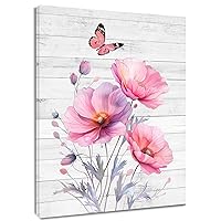HVEST Vintage Floral Pink Wall Art for Living Room Pink Flower and Butterfly on Rustic Wood Pictures Wall Decor Wildflower Framed Canvas Wall Art for Bedroom Bathroom Home Wall Decor,16L X 12W inches
