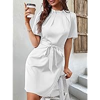 2023 Women's Dresses Mock Neck Frill Trim Belted Fitted Dress Women's Dresses (Color : White, Size : Small)