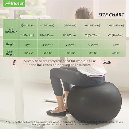Trideer Extra Thick Yoga Ball Exercise Ball, 5 Sizes Ball Chair, Heavy Duty Swiss Ball for Balance, Stability, Pregnancy, Physical Therapy, Quick Pump Included