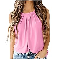 Tank Top for Women, Womens Round Neck Pleated Long Flowy Tank Tops Plain Loose Fit Summer Cute Basic Shirts