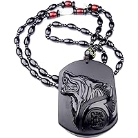 100% Pure Carved Natural Genuine Obsidian Howling Wolf Head Amulet Necklace Pendant (Classic wolf head)