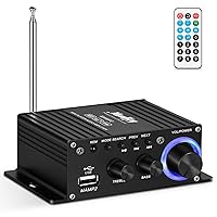 Moukey Mini amplifier home audio Bluetooth 5.0 for speakers- 50W 2 Channel Power Audio Receiver FM USB, AUX, with Remote Control, Power Supply for Car Home use, Tablets, Phones, Computers - MAMP2