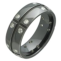 Harmonie Black Titanium Band with Diamonds Center Groove Comfort Fit 8mm Wide Wedding Ring For Him N Her