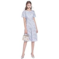 LAI MENG FIVE CATS Women's Summer Crew Neck Pattern Print Dress Casual A-line and Flare Midi Dress