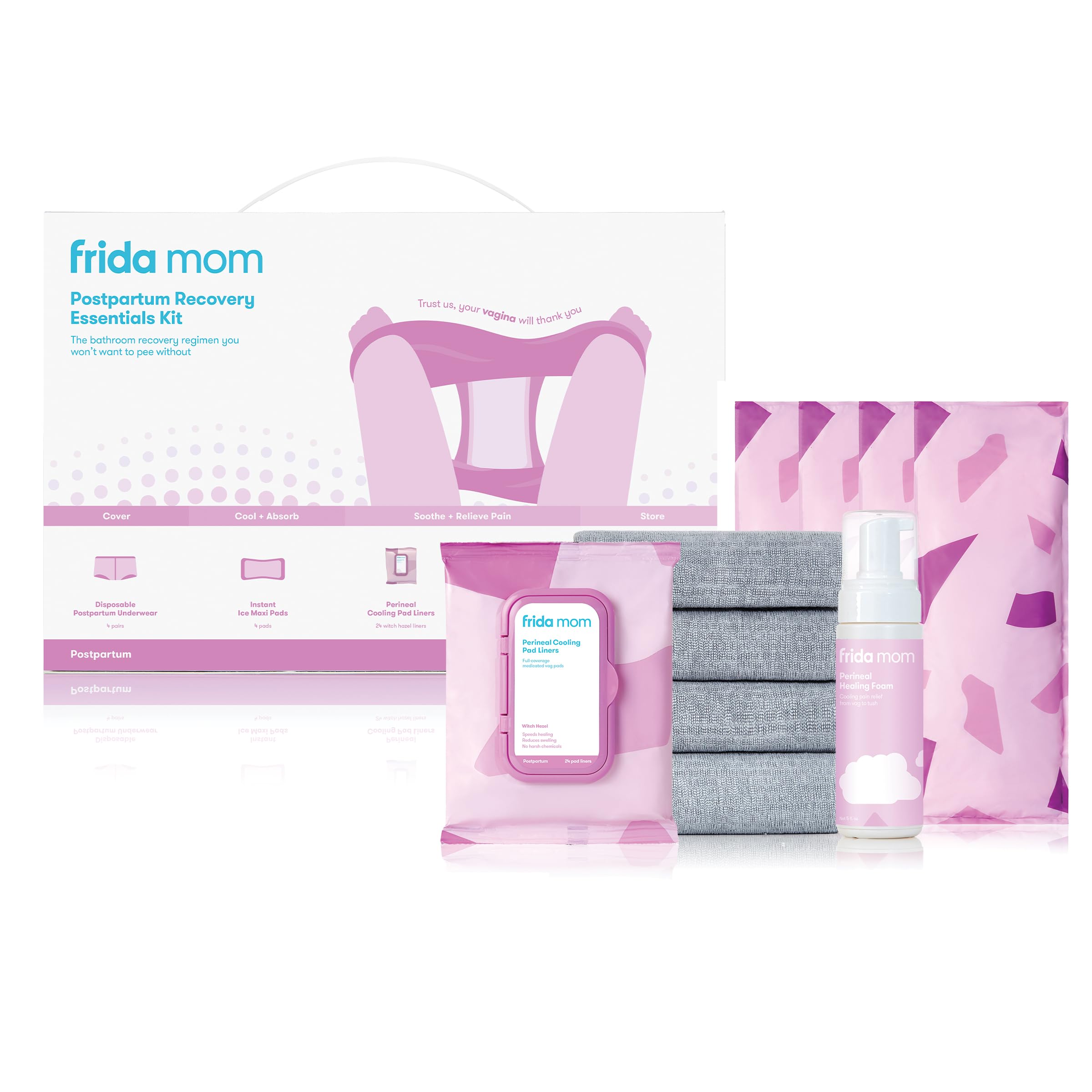 Frida Mom Postpartum Recovery Essentials Kit | Disposable Underwear, Ice Maxi Absorbency Pads, Cooling Witch Hazel Medicated Pad Liners, Perineal Medicated Healing Foam (11 PIECE SET)