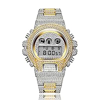 HALOKAIYA ICEDIAMOND 45mm Iced Out Lab Diamond Wrist Watch, Multi-Functional LED Digital Dial with Date Weekly Calendar and Timing for Men Women