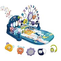 dearlomum Baby Play Mat Baby Gym,Funny Play Piano Tummy Time Baby Activity Mat with 5 Infant Sensory Baby Toys, Music and Lights Boy & Girl Gifts for Newborn Baby 0 to 3 6 9 12 Months (Blue)
