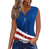 American Flag Button V-Neck Tank Tops Women 4th of July Patriotic Sleeveless Shirt Flag Stars Stripes Henley Blouses