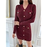 TLULY Sweater Dress for Women Flap Detail Button Front Sweater Dress Sweater Dress for Women (Color : Burgundy, Size : X-Large)