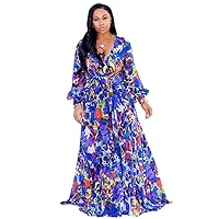Nuofengkudu Womens Chiffon Deep V-Neck Stripe Printed Maxi Dress Unique Loose Summer Boho Dresses High Waiste(S-5XL)